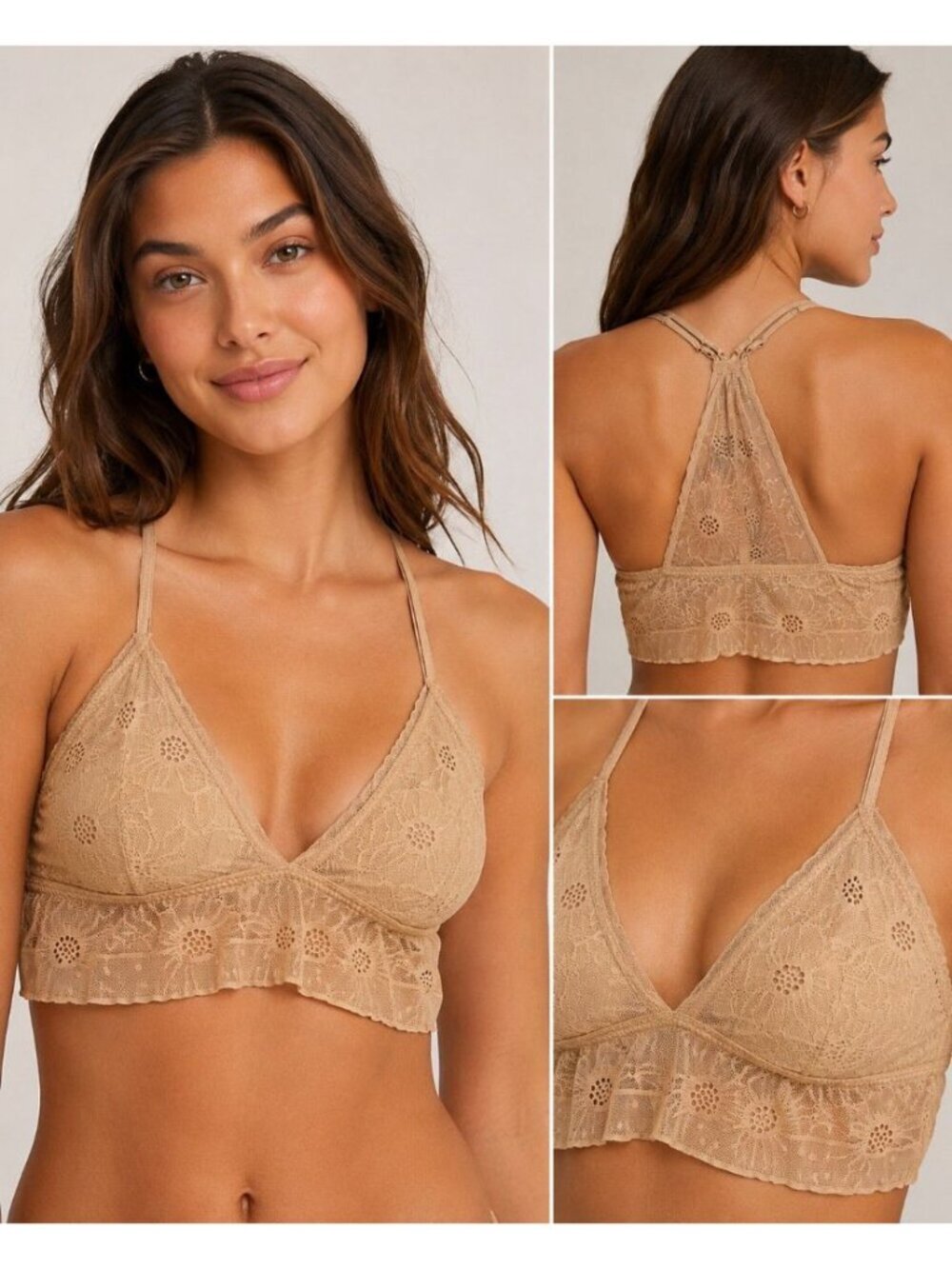 Aerie Lace Racerback Bralette Beige Nude Floral Lace Wireless Bra Size S/P